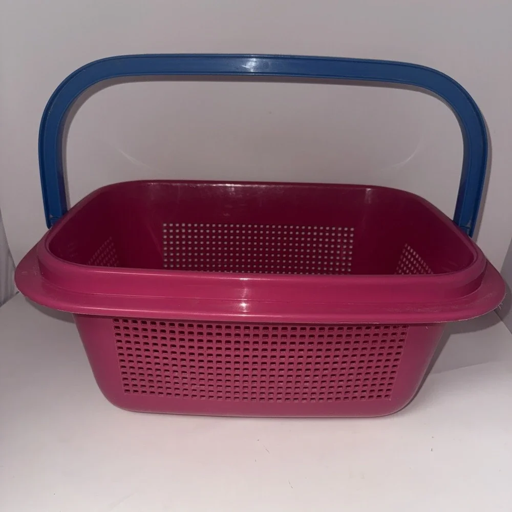 Vintage Plastic Basket Pail Bucket Hot Pink Organizer Swing Handle 90's 18x13x8